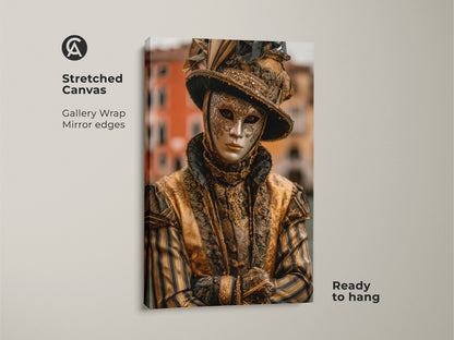 Stretched canvas Venice Carnival Mask artwork. The artwork features a person wearing a traditional gold mask and costume. It adds an elegant touch to any room. This gallery wrapped canvas is ready to hang.