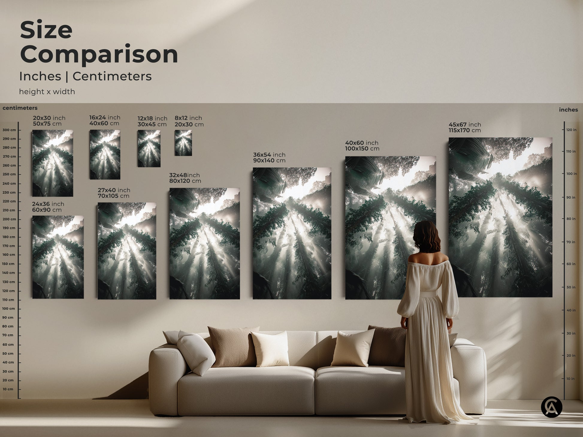 Compare sizes of this misty trees sunbeam canvas print in inches and centimeters. Visualize this teal gray green biophilic nature landscape artwork above your sofa. Transform your living space with this captivating atmospheric jungle print.