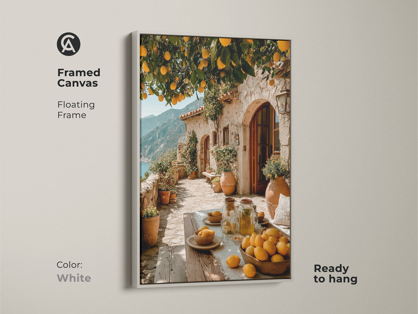 Framed in white canvas. This Mediterranean lemon tree art is a coastal villa wall art. The Italian landscape canvas art features a floating frame. The art is ready to hang. It is a perfect housewarming gift for new homeowners.