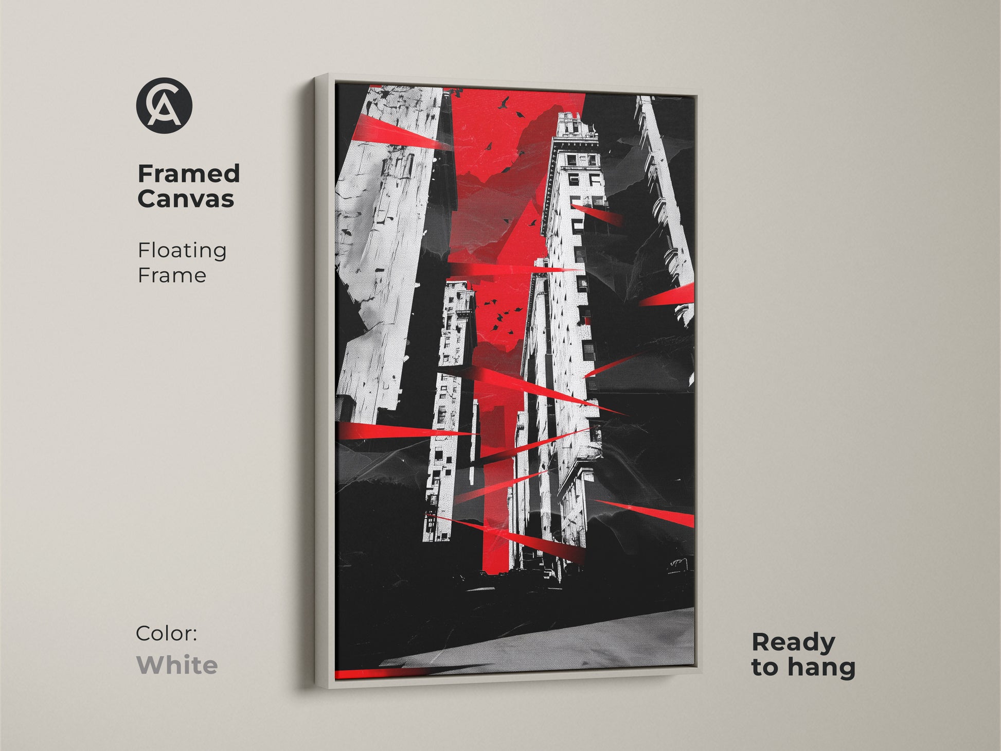 White framed canvas featuring an abstract cityscape. Floating frame creates a clean modern look. The red black and white architecture print is ready to hang. Contemporary artwork ideal for minimalist decor. Enhances any apartment or office space.