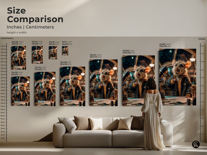 Size comparison of the mouse astronaut artwork in inches and centimeters. The sizes range from 8x12 inches to 45x67 inches. See how the whimsical animal decor fits above a sofa. This space exploration art adds an eclectic touch. Perfect for any stargazer's home.