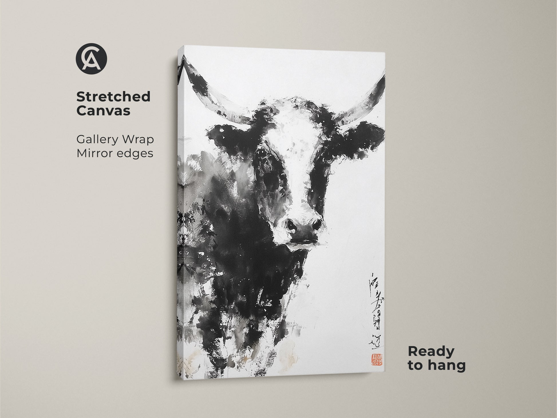 This is a gallery wrapped canvas featuring a bull. The artwork has a white background. The bull is painted with black ink. The canvas has mirrored edges and is ready to hang. This artwork is perfect for modern farmhouse decor.
