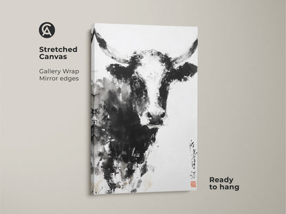 This is a gallery wrapped canvas featuring a bull. The artwork has a white background. The bull is painted with black ink. The canvas has mirrored edges and is ready to hang. This artwork is perfect for modern farmhouse decor.