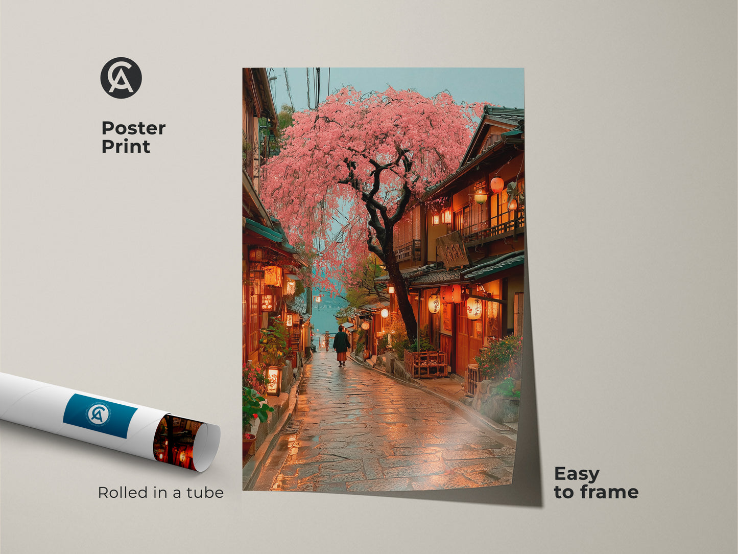 Poster print of a Japanese street scene with a pink cherry blossom tree in full bloom. This travel wall art comes rolled in a tube for easy framing. This eclectic home decor piece is perfect for adding a touch of spring to any room. The artwork captures a cinematic street view with glowing lanterns. It’s an ideal housewarming gift.