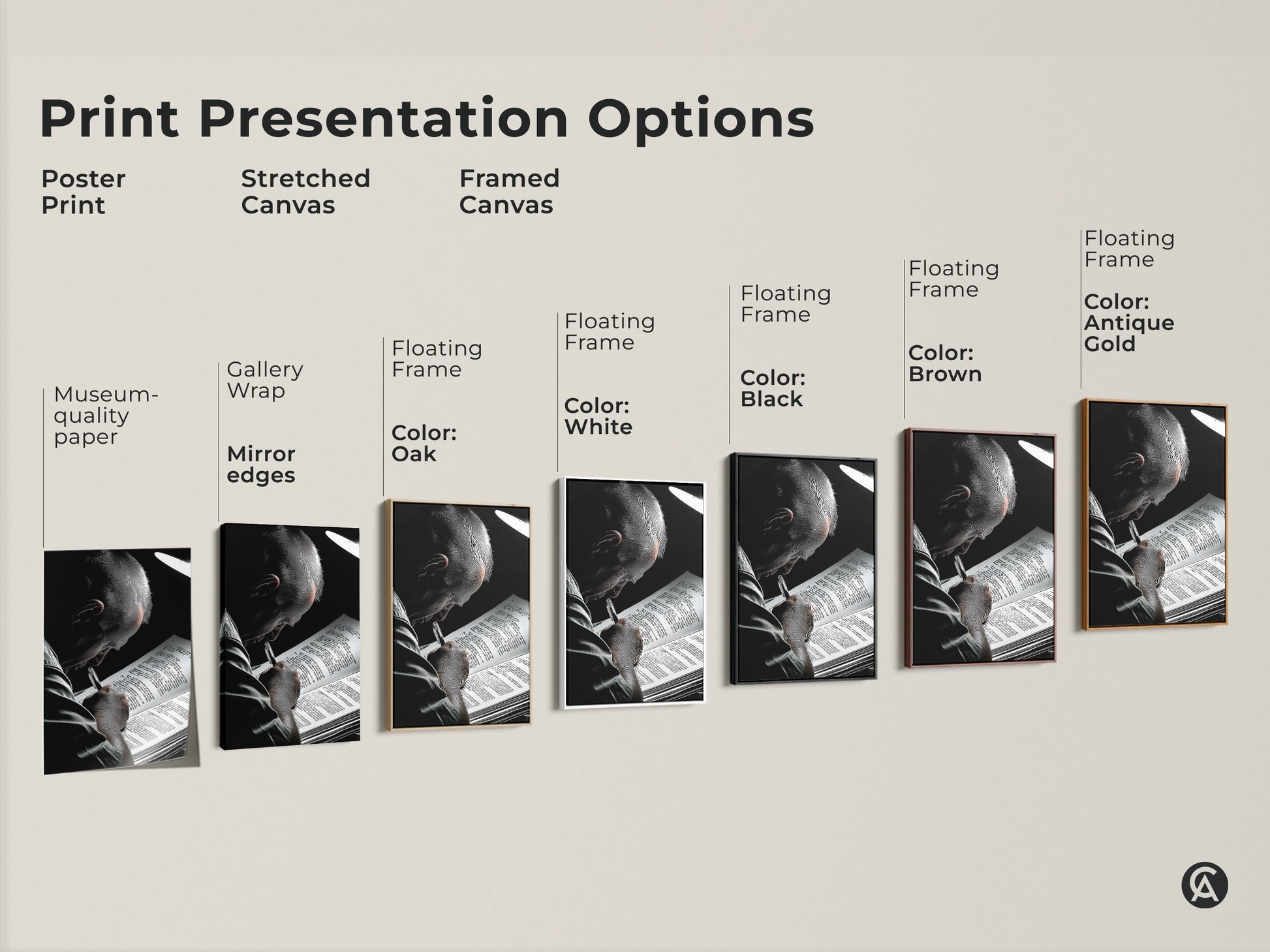 This showcases various print presentation options like poster prints stretched canvas and framed canvas. Each features black and white art of a man reading in a graphic novel style. These options cater to different decor needs making it easy to find the perfect literature gift academic wall art and graduation present.