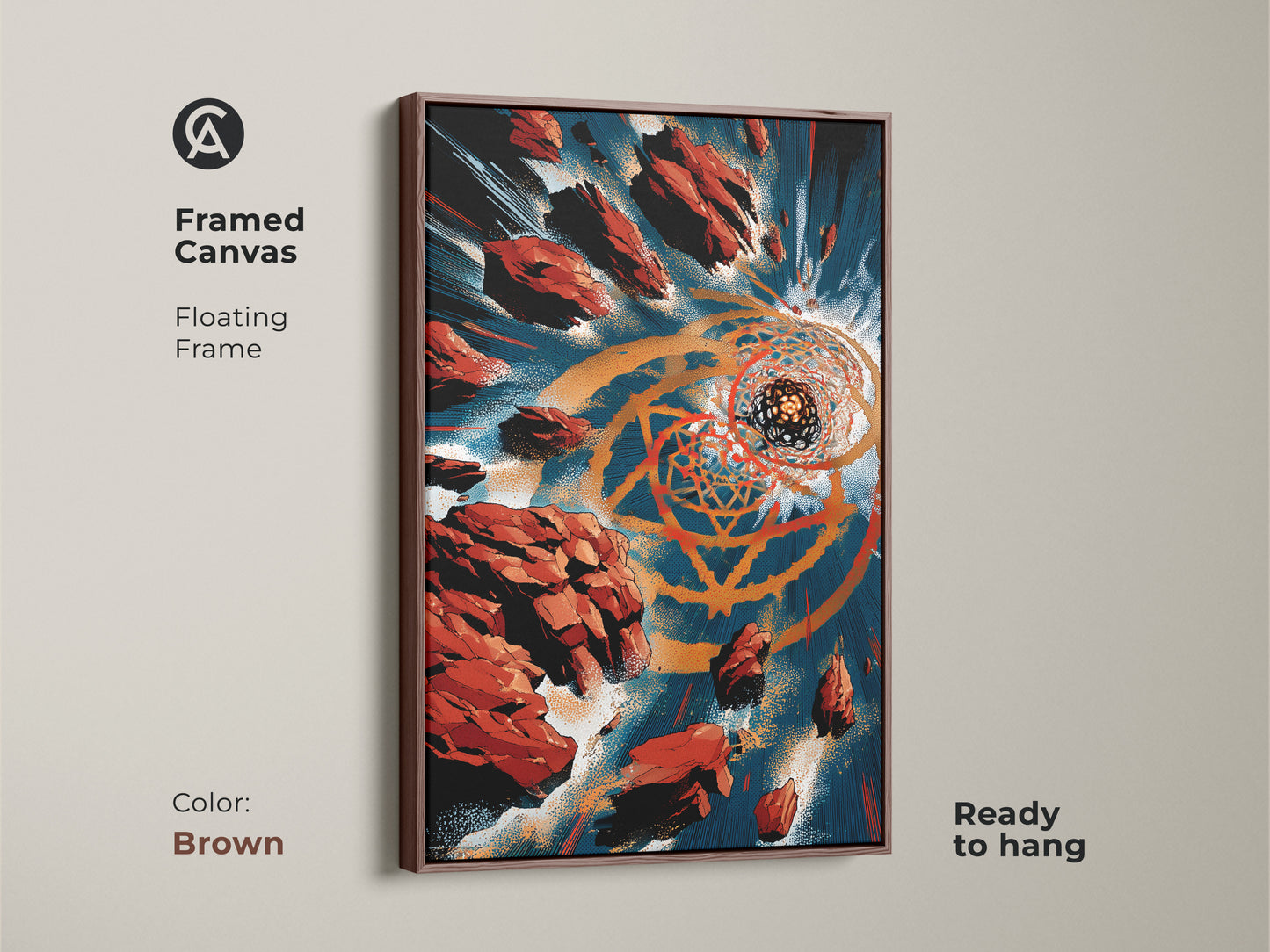 Abstract Geometric art print displayed in brown floating frame. The premium abstract canvas print would be perfect modern art for workspace. Orange gold and teal blend