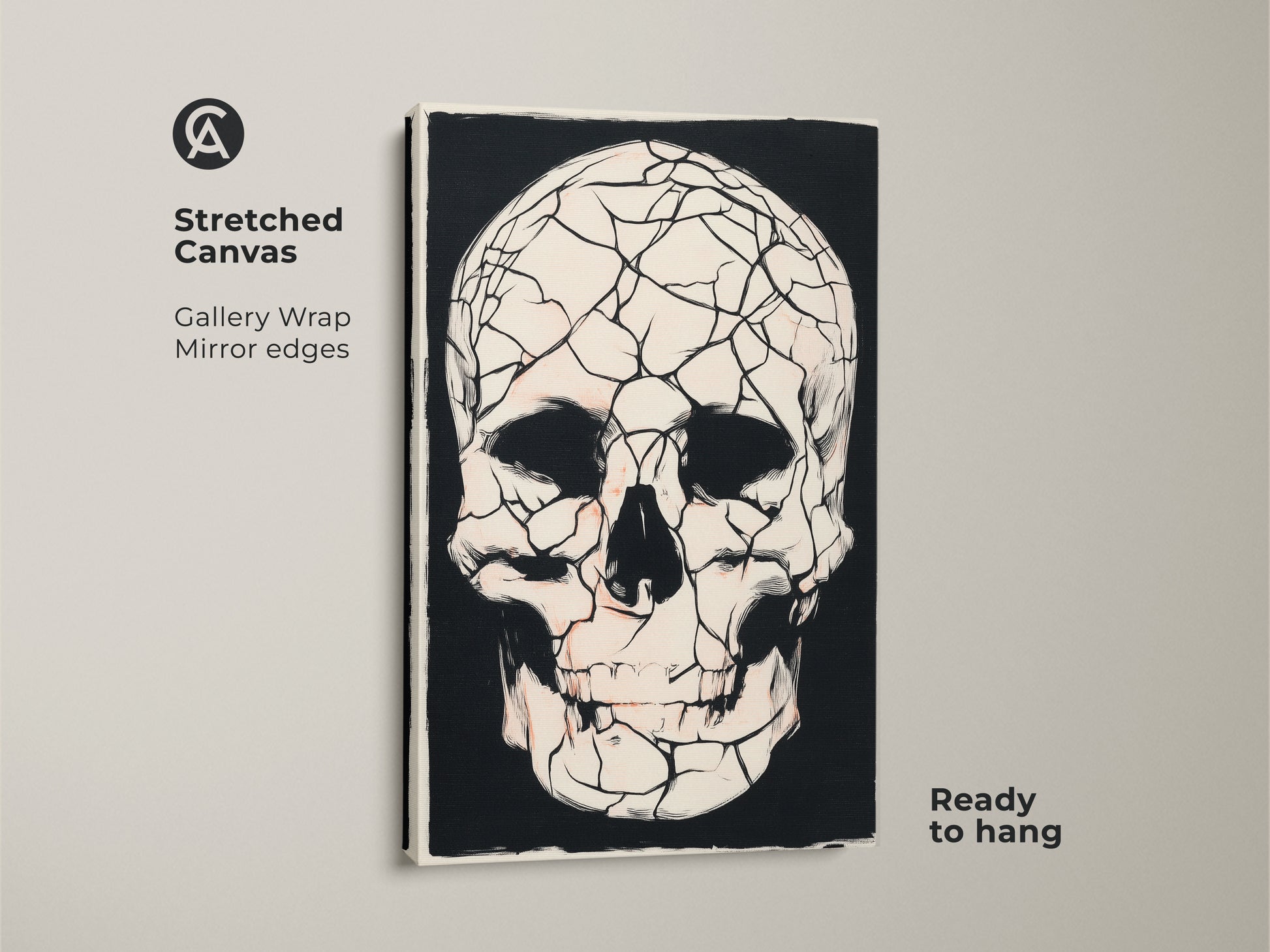 Stretched canvas featuring gothic cracked skull art ready to hang. This macabre skull canvas art is perfect for eclectic gothic aesthetic decor. Black and white skull art enhances any study room. Add this spooky wall art to your alternative office decor.