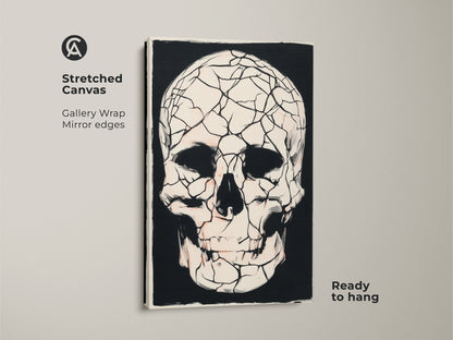 Stretched canvas featuring gothic cracked skull art ready to hang. This macabre skull canvas art is perfect for eclectic gothic aesthetic decor. Black and white skull art enhances any study room. Add this spooky wall art to your alternative office decor.
