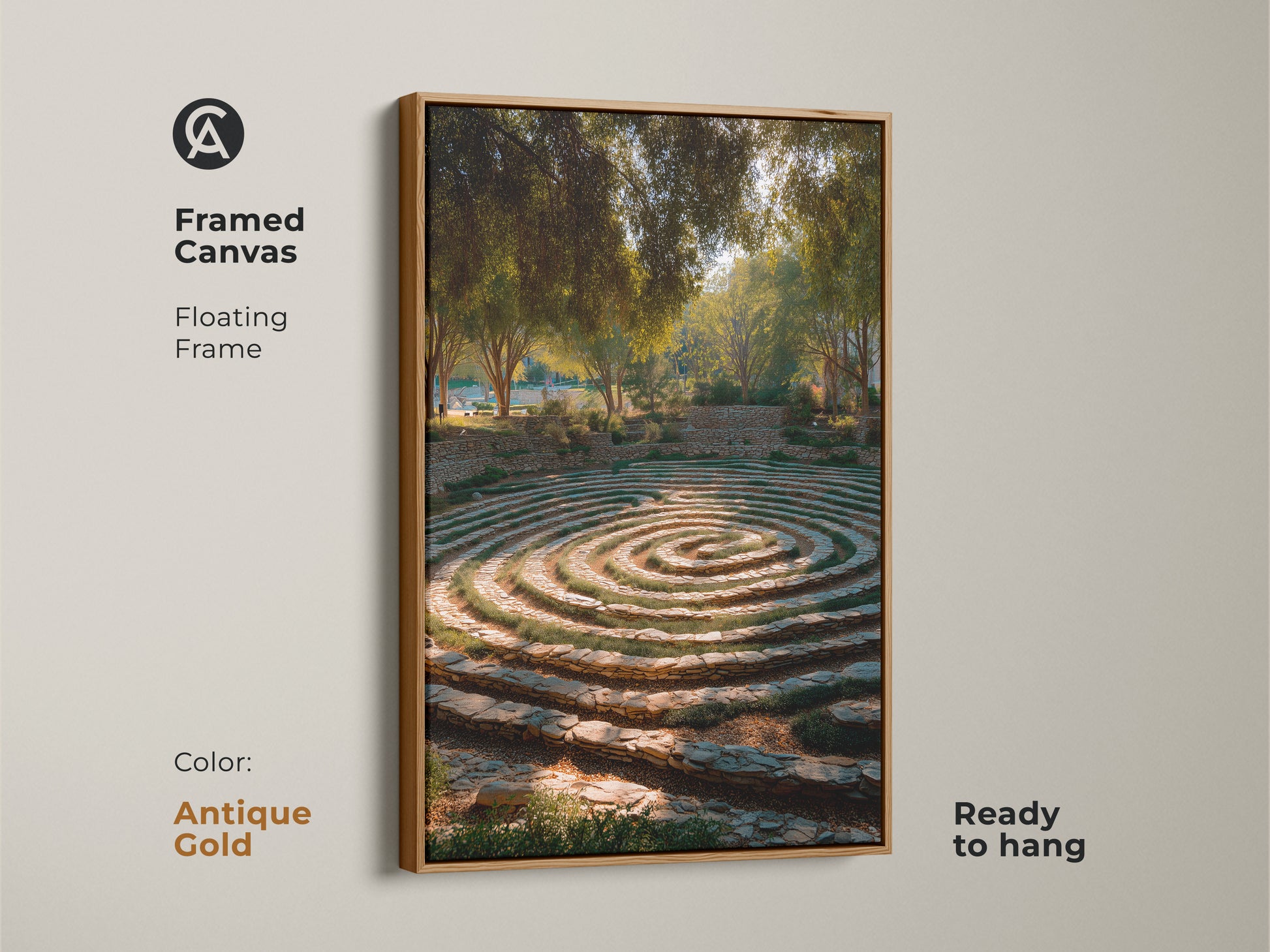 Framed canvas showcasing a garden maze with stone steps in a floating antique gold frame. This biophilic art adds warmth to any interior. The gold brown and green tones create a tranquil ambiance and is ready to hang enhancing a residential space with natural elegance.