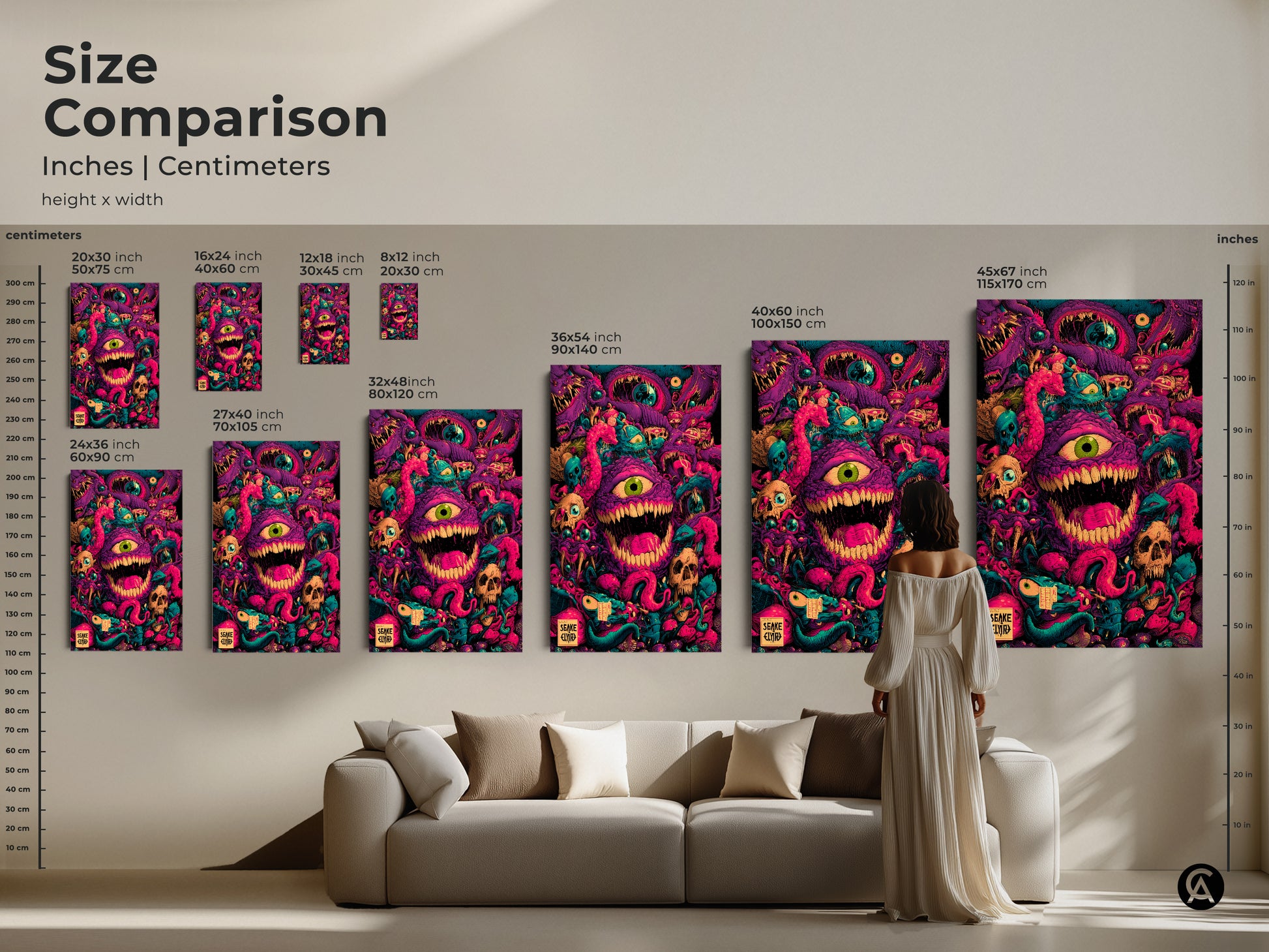Size Comparison Inches Centimeters. A detailed size comparison of monster artwork prints. See how different sizes fit above a couch. Choose from various dimensions in inches & centimeters. Find the perfect size for your space.