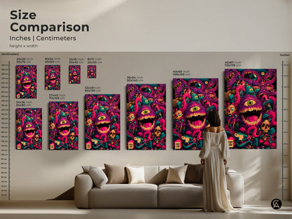 Size Comparison Inches Centimeters. A detailed size comparison of monster artwork prints. See how different sizes fit above a couch. Choose from various dimensions in inches & centimeters. Find the perfect size for your space.