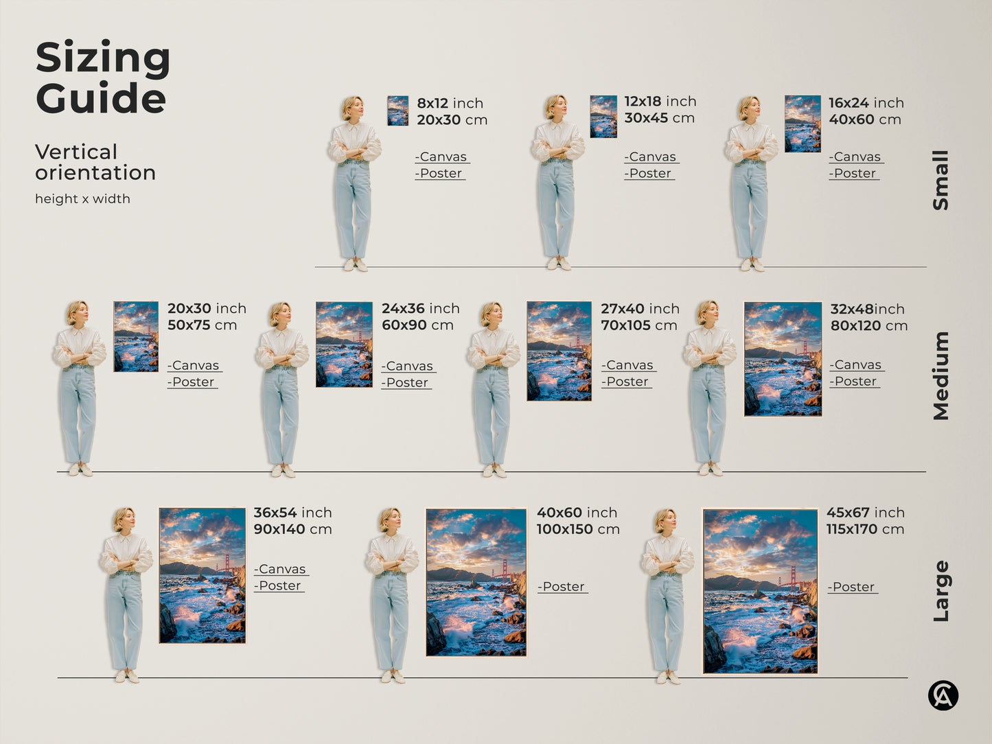 Sizing guide for vertical Golden Gate Bridge canvas and poster art. Available in small medium and large sizes. This teal and orange art print is perfect for adding a contemporary touch to any space.