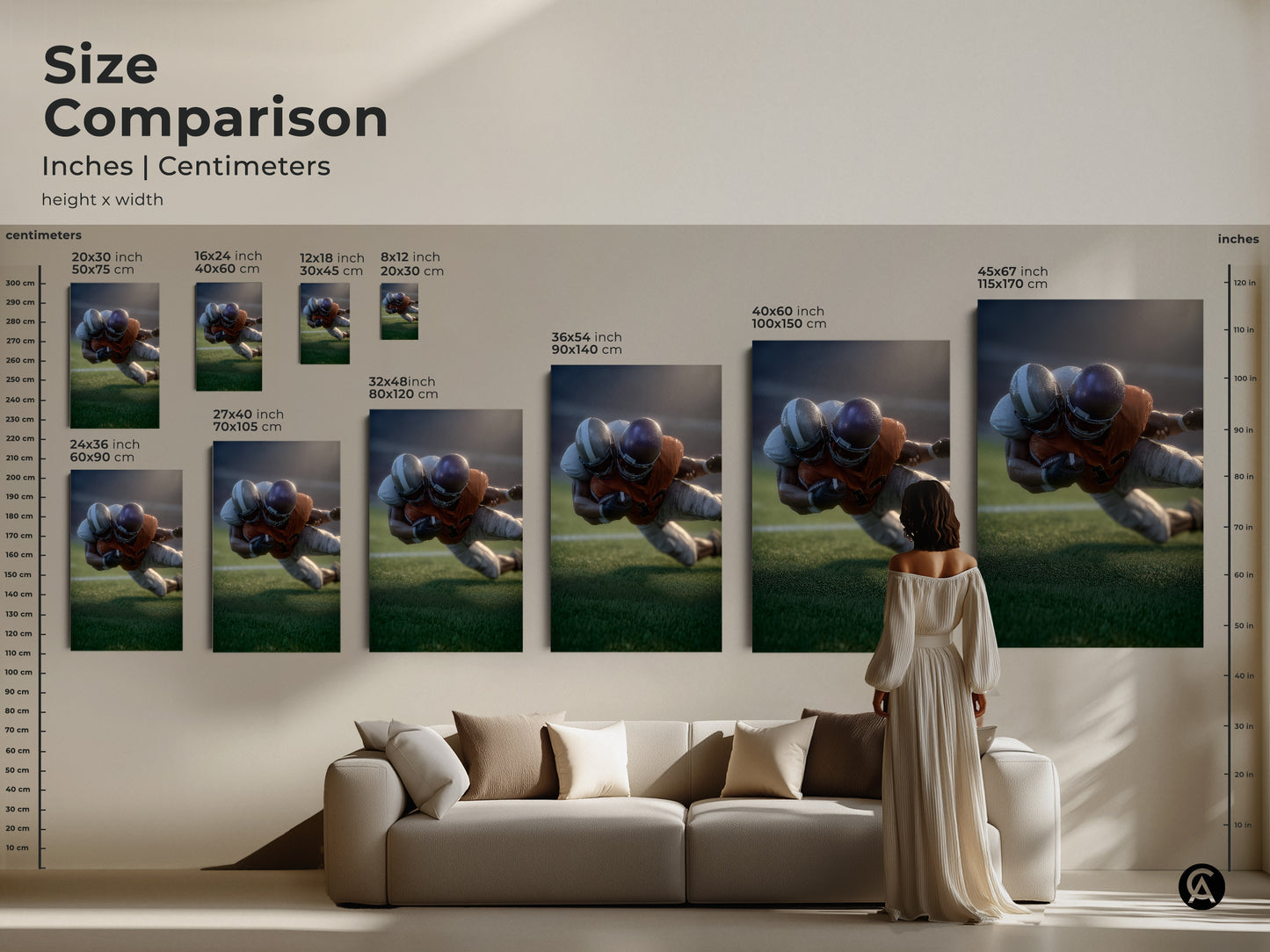 Size comparison of realistic football player artwork in inches and centimeters. See how different sizes of canvas and poster prints fit various spaces. From 8x12 inch to 45x67 inch options available. Ideal for modern office decor man cave wall decor or a gift for sports enthusiasts.