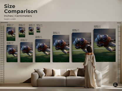 Size comparison of realistic football player artwork in inches and centimeters. See how different sizes of canvas and poster prints fit various spaces. From 8x12 inch to 45x67 inch options available. Ideal for modern office decor man cave wall decor or a gift for sports enthusiasts.