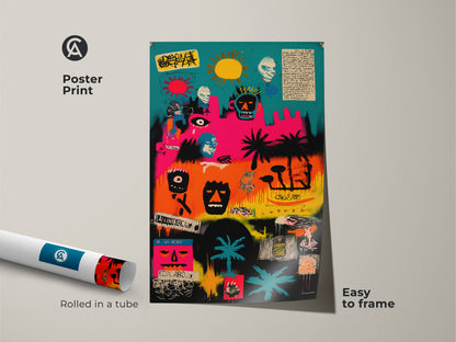 This poster print arrives rolled in a tube. It's easy to frame and display. The artwork features a collage of faces masks and palm trees. Perfect for adding a splash of color to your walls.