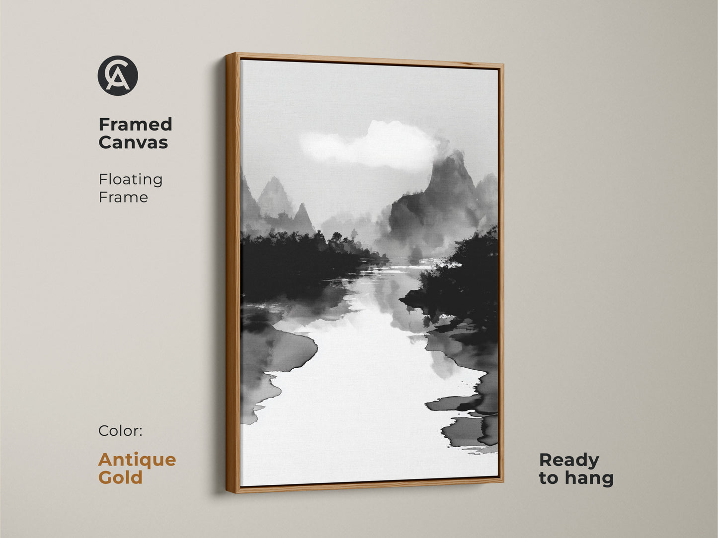 Framed canvas in antique gold featuring a black white ink wash art print. A minimalist mountain river landscape canvas complements modern nature prints. The Japanese Sumi-e style artwork adds a touch of Asian-inspired wall art. Perfect for creating a serene and stylish atmosphere.