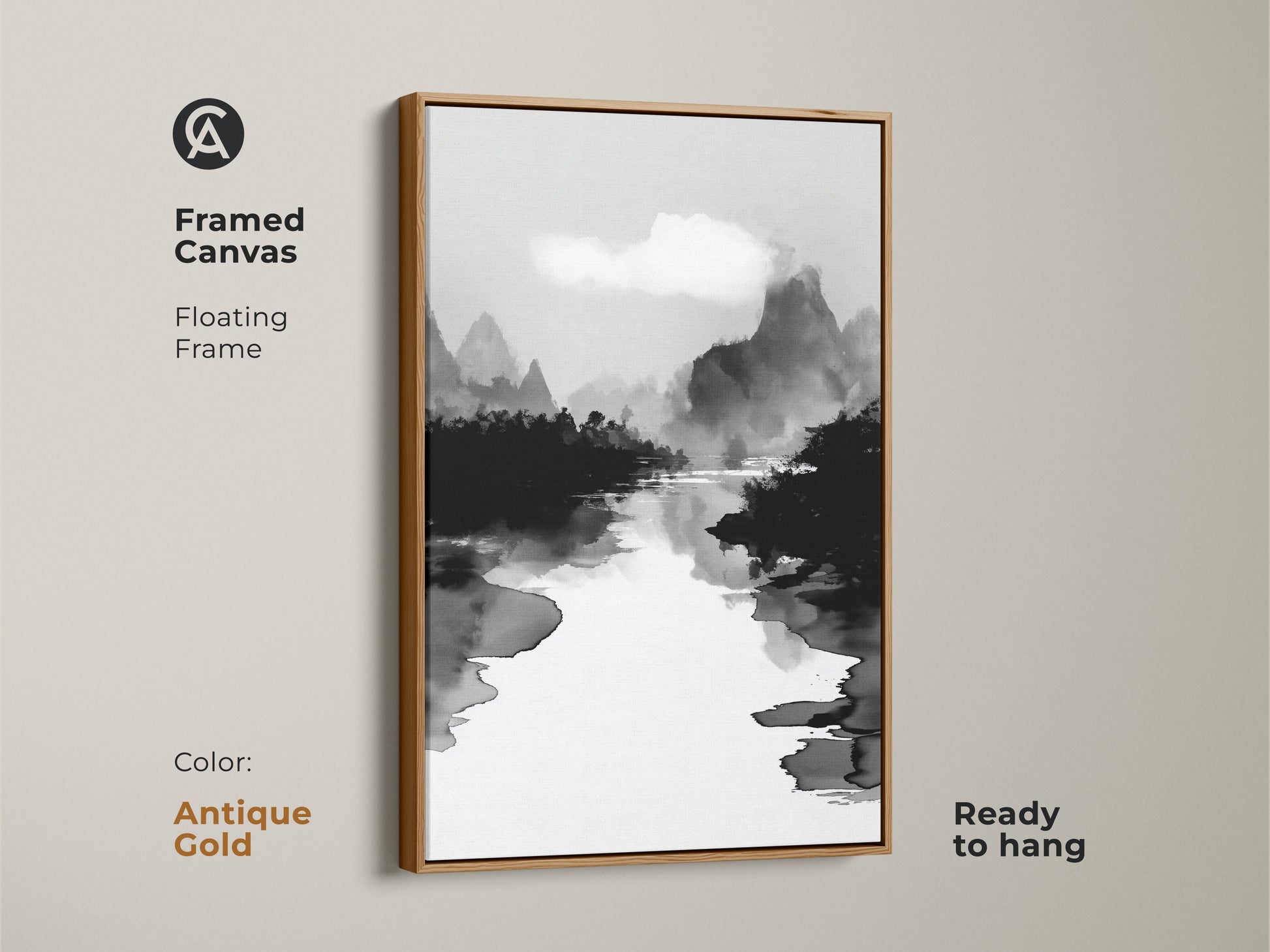Framed canvas in antique gold featuring a black white ink wash art print. A minimalist mountain river landscape canvas complements modern nature prints. The Japanese Sumi-e style artwork adds a touch of Asian-inspired wall art. Perfect for creating a serene and stylish atmosphere.
