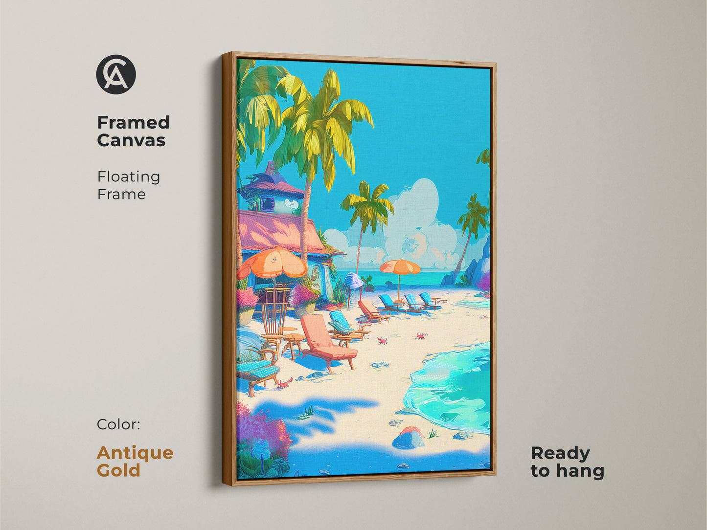 Framed beach artwork with an antique gold floating frame. The frame enhances the tranquil tropical beach scene with palm trees. This ready to hang canvas adds a touch of elegance. Bring the beauty of the coast to your space.