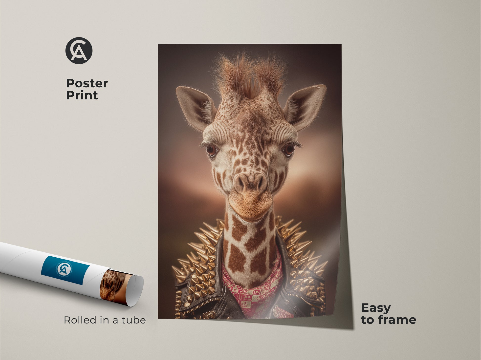 Poster print of an eclectic giraffe art piece. This rockstar animal print is easy to frame. The tan gold brown artwork features a studded jacket. It is rolled in a tube for protection. Perfect for unique home decor or a music fan birthday gift.