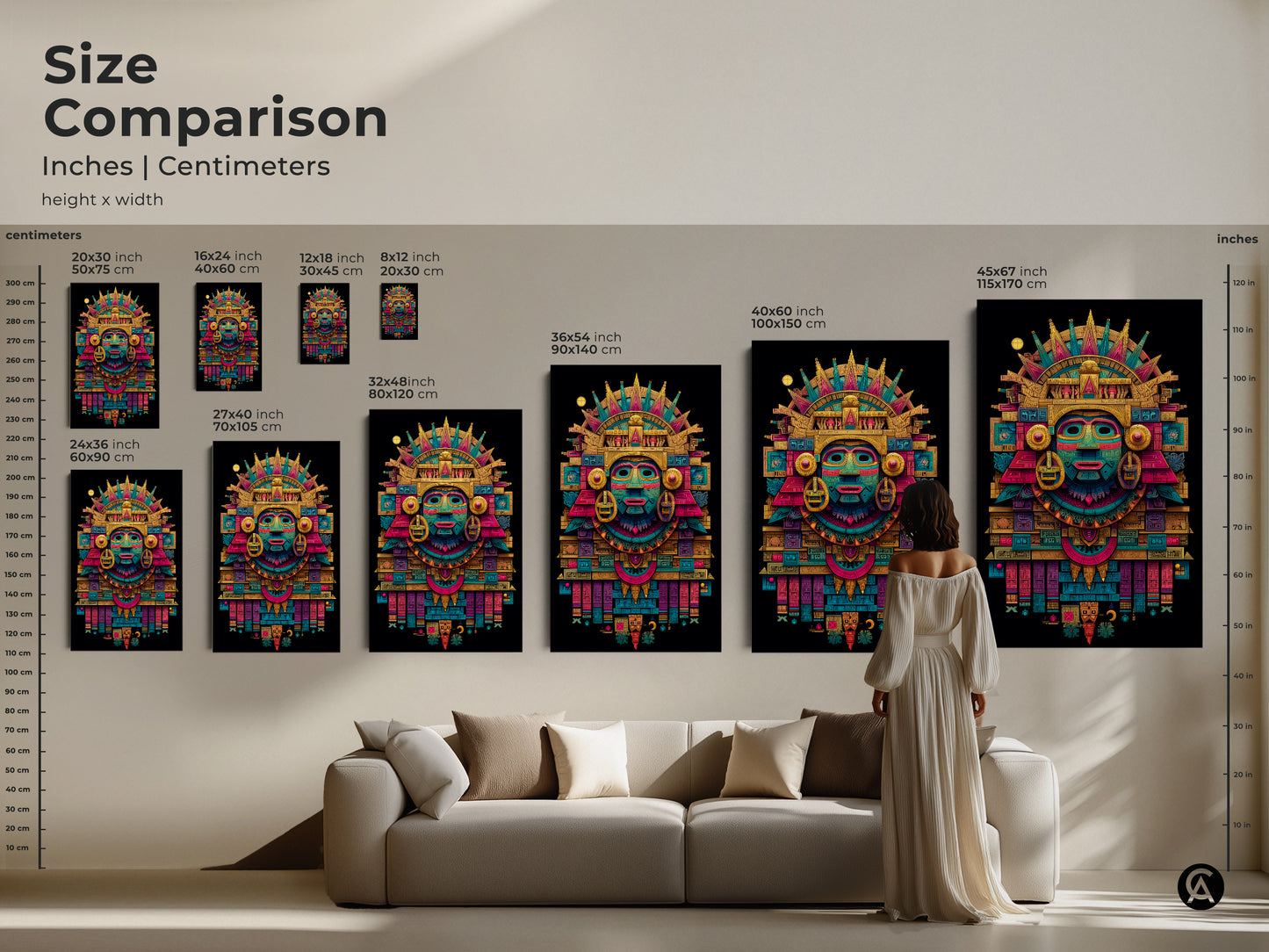 Size comparison of Mayan mask art prints. See inches and centimeters for various height and width options. Perfect for canvas or poster prints this guide helps you choose the ideal size for your space. The size comparison ensures a great fit.