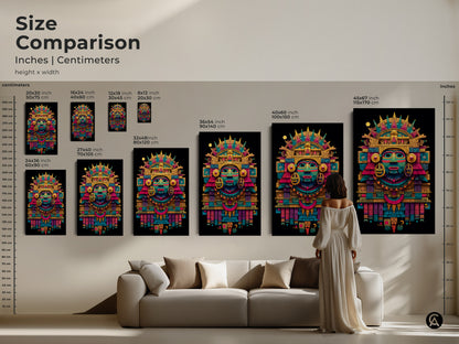 Size comparison of Mayan mask art prints. See inches and centimeters for various height and width options. Perfect for canvas or poster prints this guide helps you choose the ideal size for your space. The size comparison ensures a great fit.