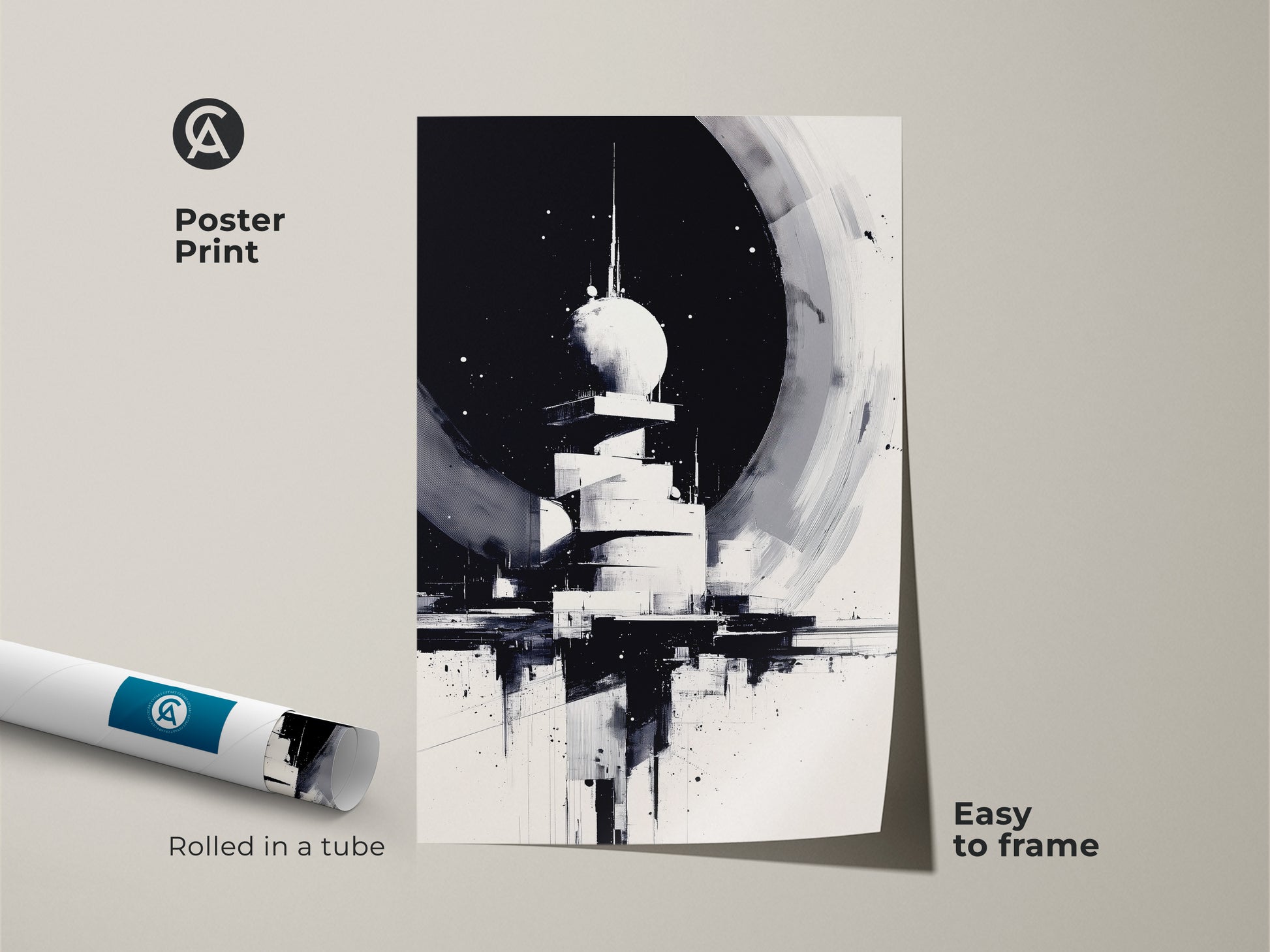 Abstract Tower Poster Print. This monochrome cityscape art features futuristic architecture. Rolled in a tube for easy framing this black and white canvas art is perfect for a study or office decor.