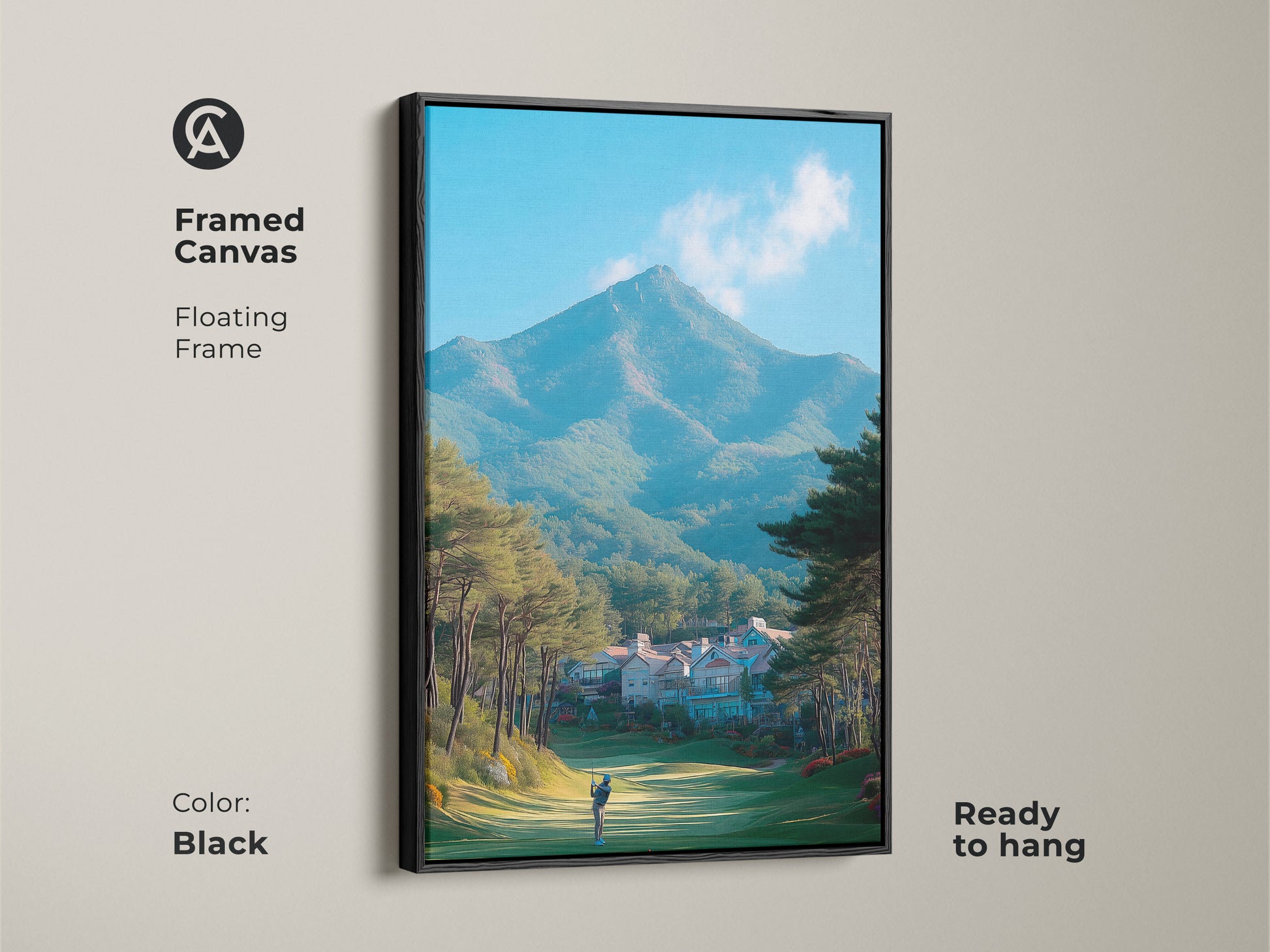 Framed canvas artwork displaying a golf course landscape. The black floating frame enhances the vibrant colors. A golfer is captured mid-swing. This piece is ready to hang and adds elegance to any space with its mountain view.