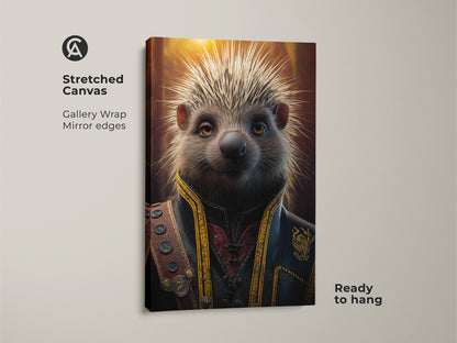 Gallery wrapped canvas of a steampunk hedgehog. This Victorian animal portrait brings dark academia flair. Ready to hang this fantasy creature artwork in your office today.
