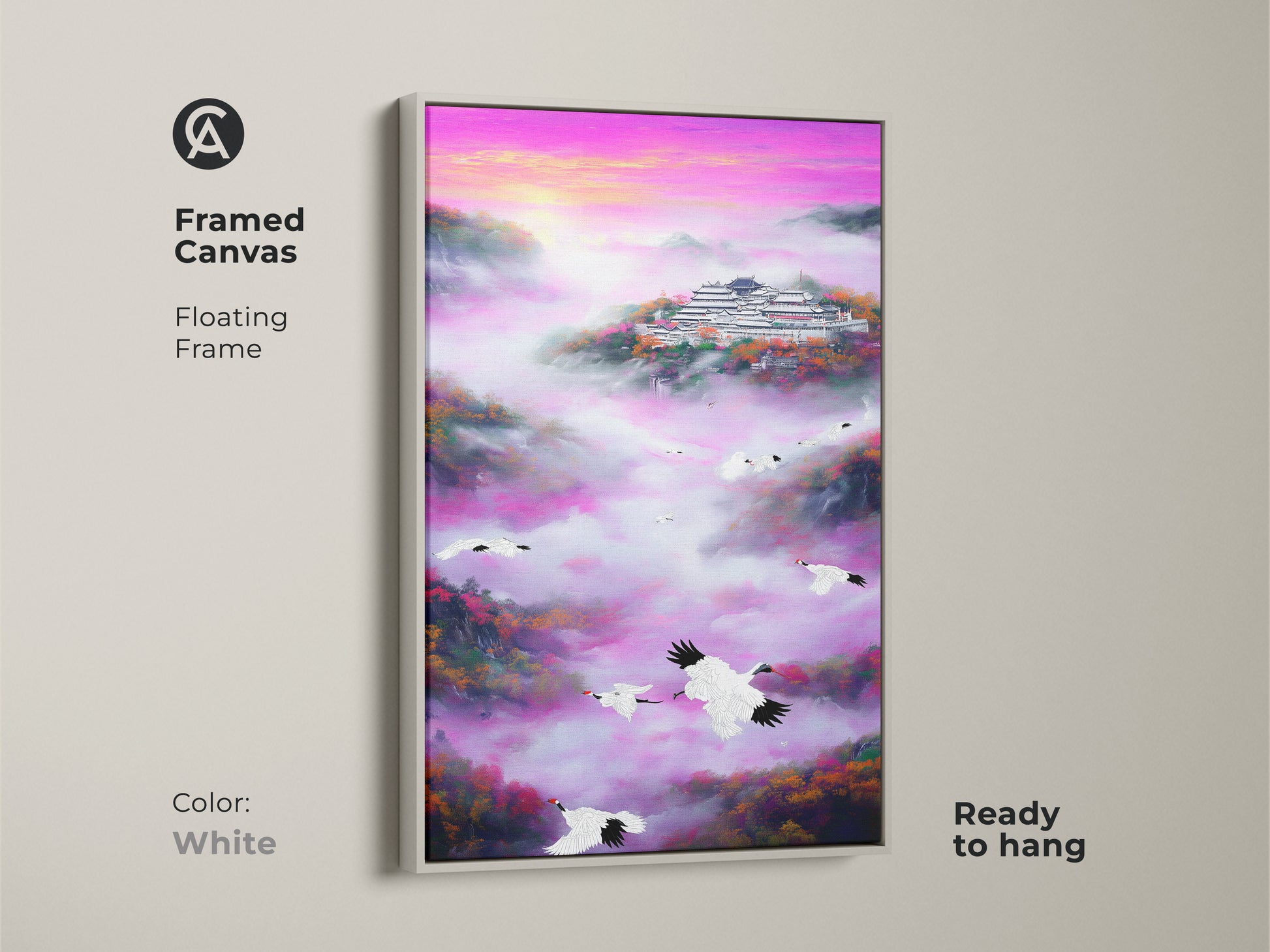 Framed canvas of a crane and pagoda print. This artwork presents traditional nature scenery in a floating frame. Its purple and pink gradients bring a vibrant touch. As spiritual bedroom decor it offers serene beauty. This Asian-inspired home decor is ready to hang with a white frame.