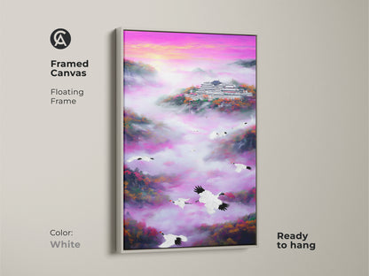 Framed canvas of a crane and pagoda print. This artwork presents traditional nature scenery in a floating frame. Its purple and pink gradients bring a vibrant touch. As spiritual bedroom decor it offers serene beauty. This Asian-inspired home decor is ready to hang with a white frame.