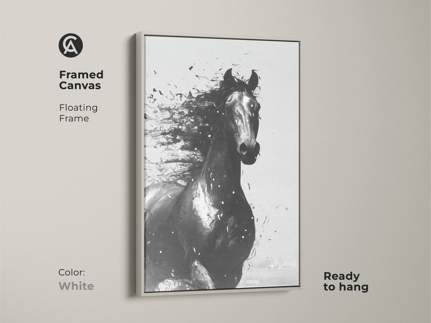 Framed canvas of abstract horse art in white. Floating frame accentuates contemporary equine artwork. Ready to hang animal wall art for any room. Perfect for horse lovers and modern decor.