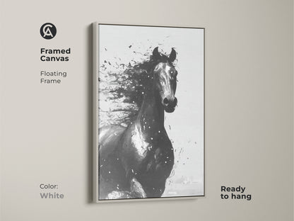 Framed canvas of abstract horse art in white. Floating frame accentuates contemporary equine artwork. Ready to hang animal wall art for any room. Perfect for horse lovers and modern decor.