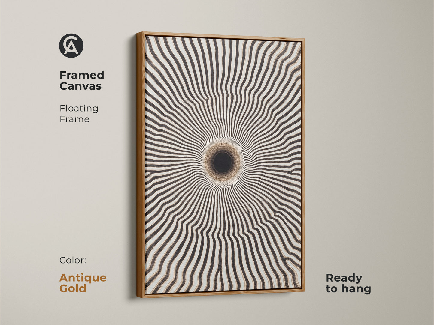 Antique gold framed canvas featuring abstract tunnel wall decor. This minimalist art print adds a unique touch. It’s a contemporary geometric canvas and ready to hang in your home.