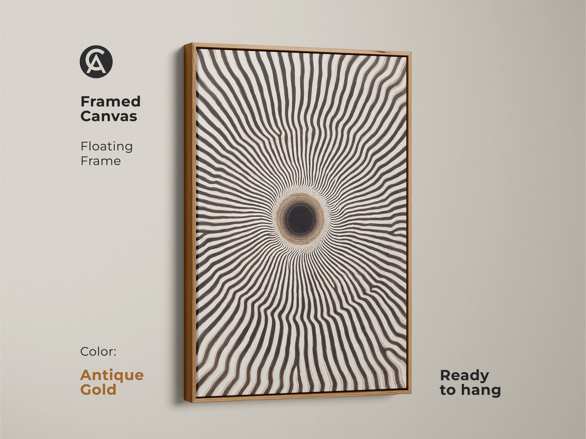 Antique gold framed canvas featuring abstract tunnel wall decor. This minimalist art print adds a unique touch. It’s a contemporary geometric canvas and ready to hang in your home.
