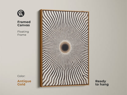 Antique gold framed canvas featuring abstract tunnel wall decor. This minimalist art print adds a unique touch. It’s a contemporary geometric canvas and ready to hang in your home.
