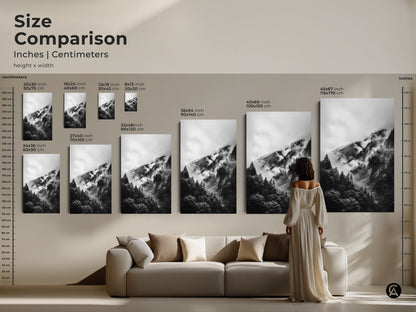Size comparison of foggy mountain forest art in inches and centimeters. See how the monochrome landscape looks in various sizes. Perfect for living room canvas or bedroom wall art.