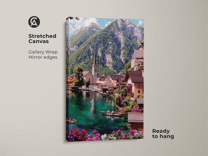 Stretched canvas print of a European village by a teal lake. Gallery wrapped with mirror edges this scenic artwork is ready to hang. It captures an impressionistic mountain landscape perfect for travel lovers. The blue green water reflects the charming town.