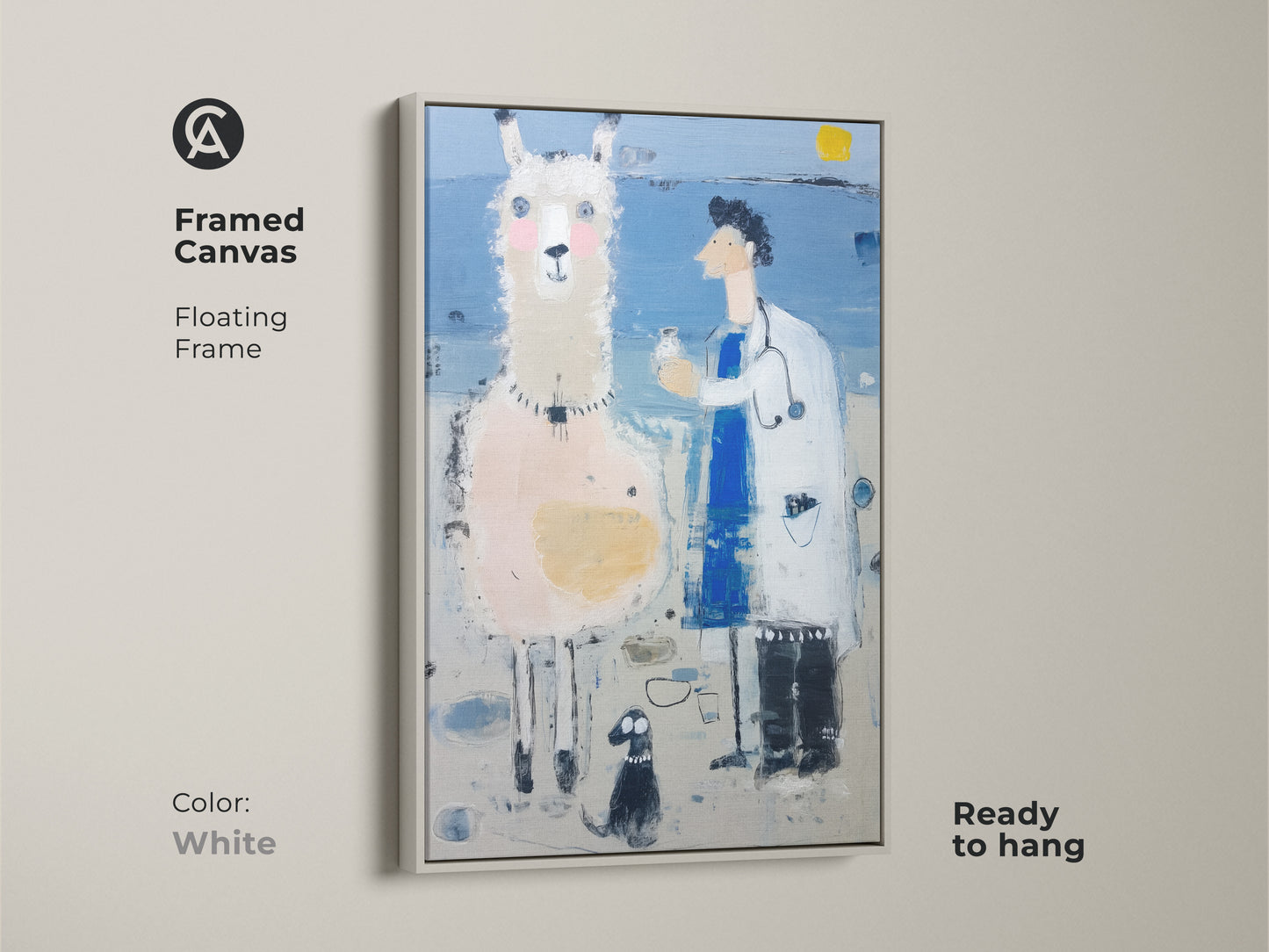 A framed canvas features a llama and a doctor. This framed canvas has a floating white frame. The surreal wall decor art is ready to hang. It's a funny pet gift and will be a great addition to any home or office.