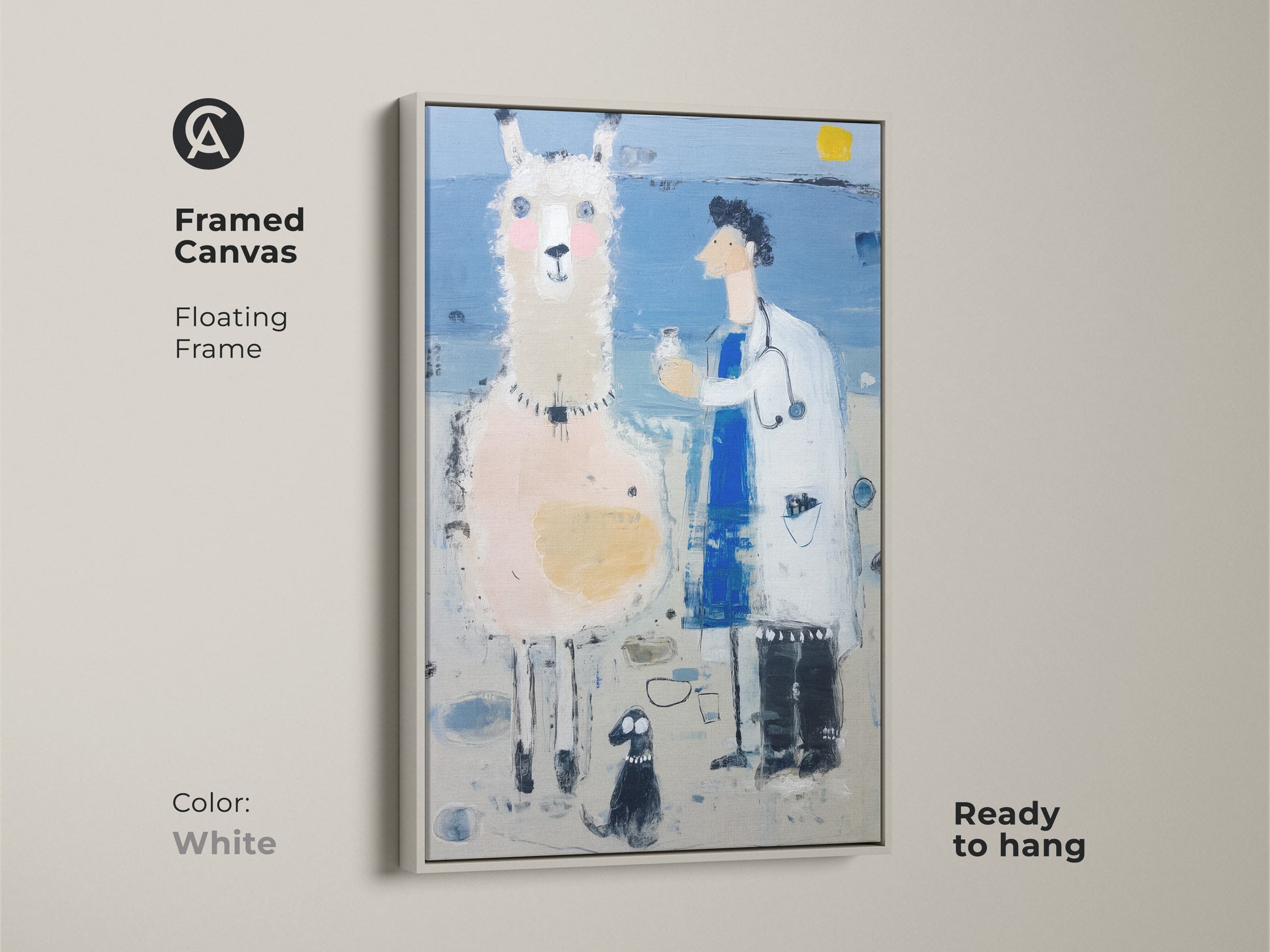 A framed canvas features a llama and a doctor. This framed canvas has a floating white frame. The surreal wall decor art is ready to hang. It's a funny pet gift and will be a great addition to any home or office.