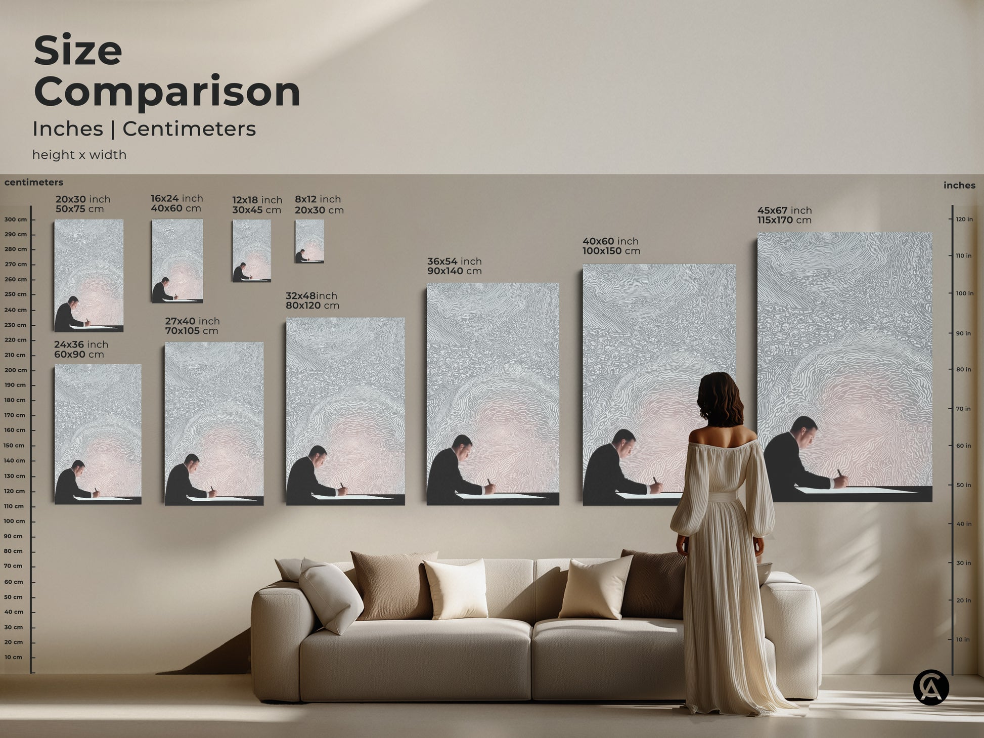 Size comparison of modern office wall art showcasing an abstract man writing conceptual print. Visualize different sizes of this minimalist silver white art in a living room setting. Perfect gift for aspiring writers