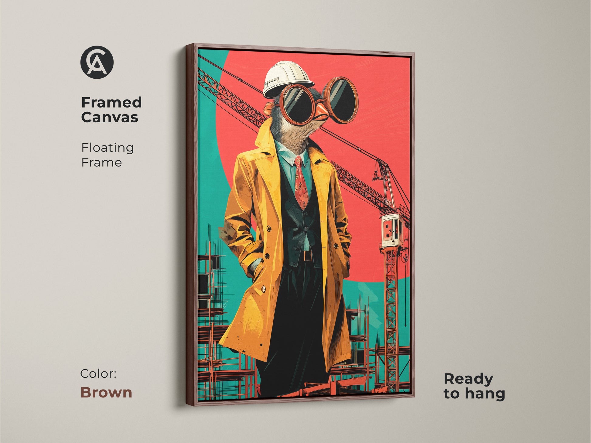 Framed canvas of a surrealist bird architect print is ready to hang. The pop art construction wall art has a brown floating frame. This unusual gift for him is an animal architect poster.