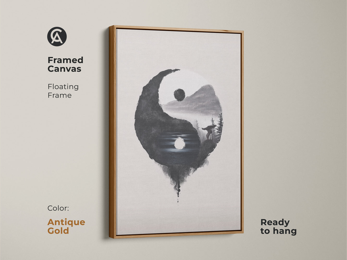 Framed Canvas in antique gold displays Yin Yang Wolf art. The floating frame is ready to hang. Minimalist ink wash print adds balance. Black white nature art inspires spiritual balance. A serene zen wall hanging.