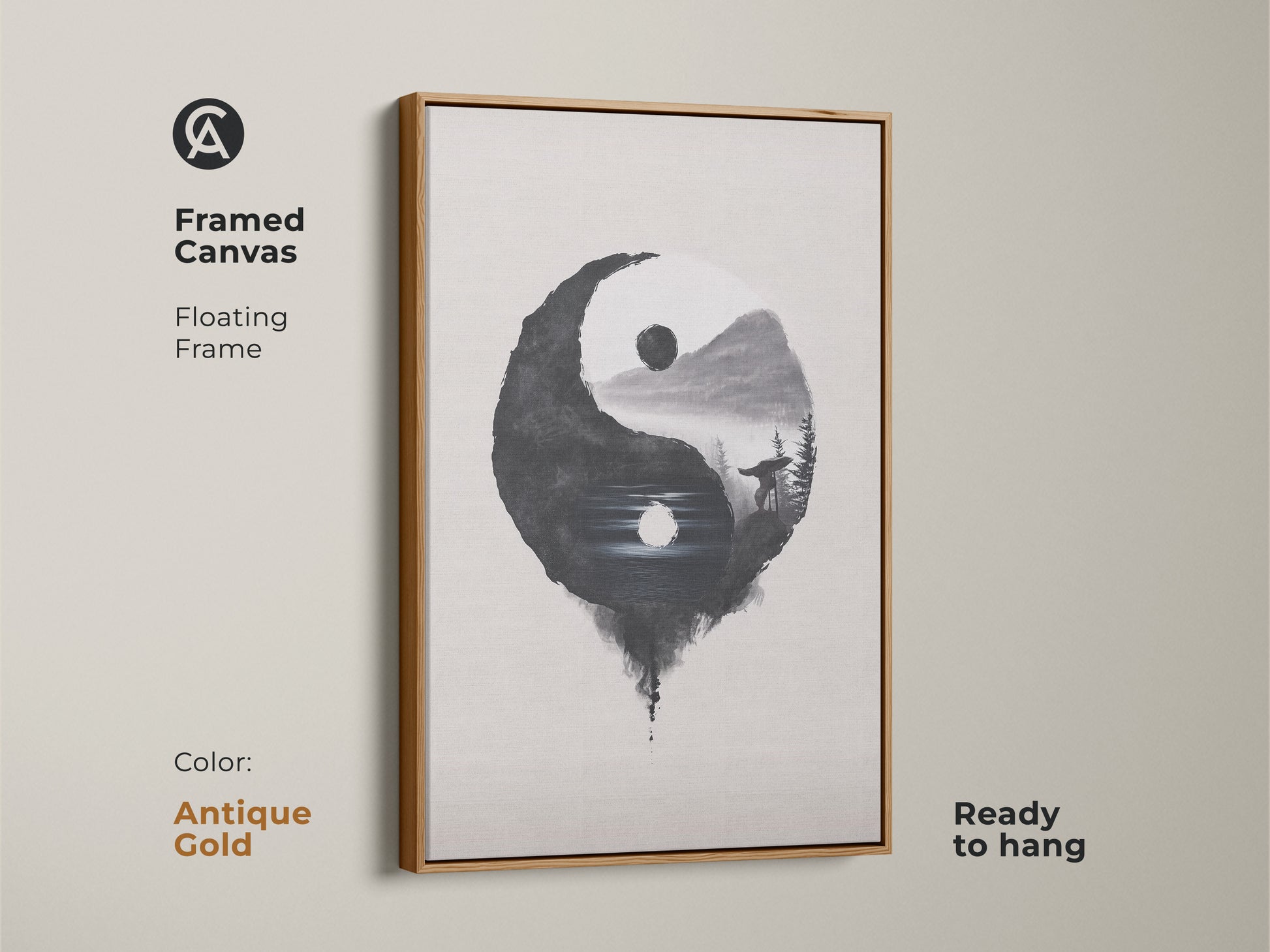 Framed Canvas in antique gold displays Yin Yang Wolf art. The floating frame is ready to hang. Minimalist ink wash print adds balance. Black white nature art inspires spiritual balance. A serene zen wall hanging.