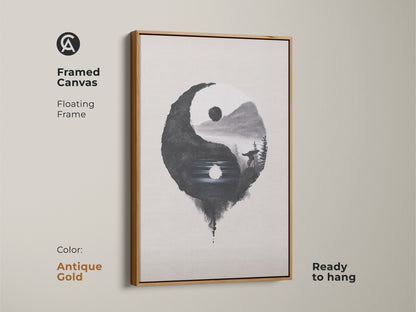 Framed Canvas in antique gold displays Yin Yang Wolf art. The floating frame is ready to hang. Minimalist ink wash print adds balance. Black white nature art inspires spiritual balance. A serene zen wall hanging.