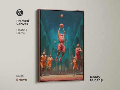 This framed canvas art presents a basketball dunk in a gothic cathedral. A brown floating frame adds warmth. Ready to hang it is perfect as teen room wall art or a basketball gift. This art combines sports and gothic architecture.