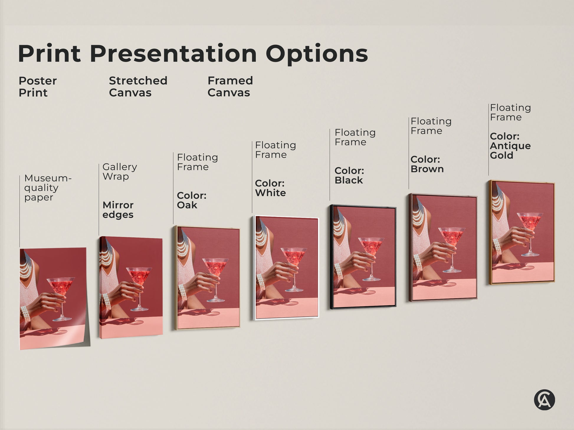 Print presentation options. Poster print stretched canvas and framed canvas museum quality paper with floating frame colors oak white black brown antique gold shows the variety of ways to display the artwork.