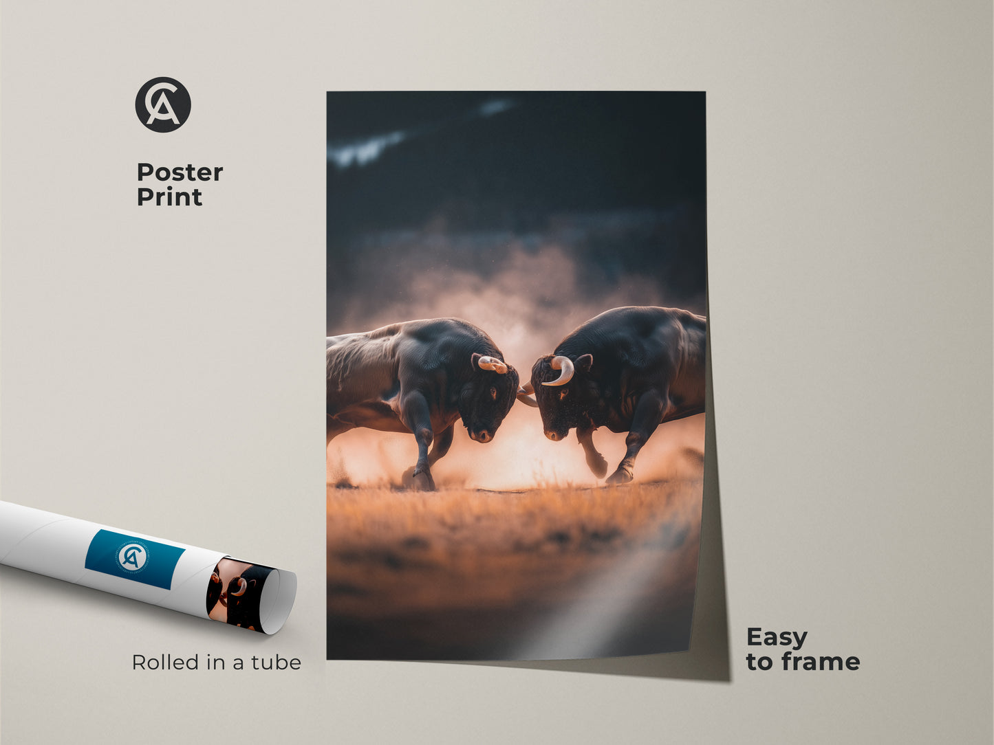 Poster print showcasing two bulls locking horns. Rolled in a tube it arrives ready to frame. This artwork captures a powerful moment. Ideal for those seeking dynamic imagery. Buy poster prints online today.