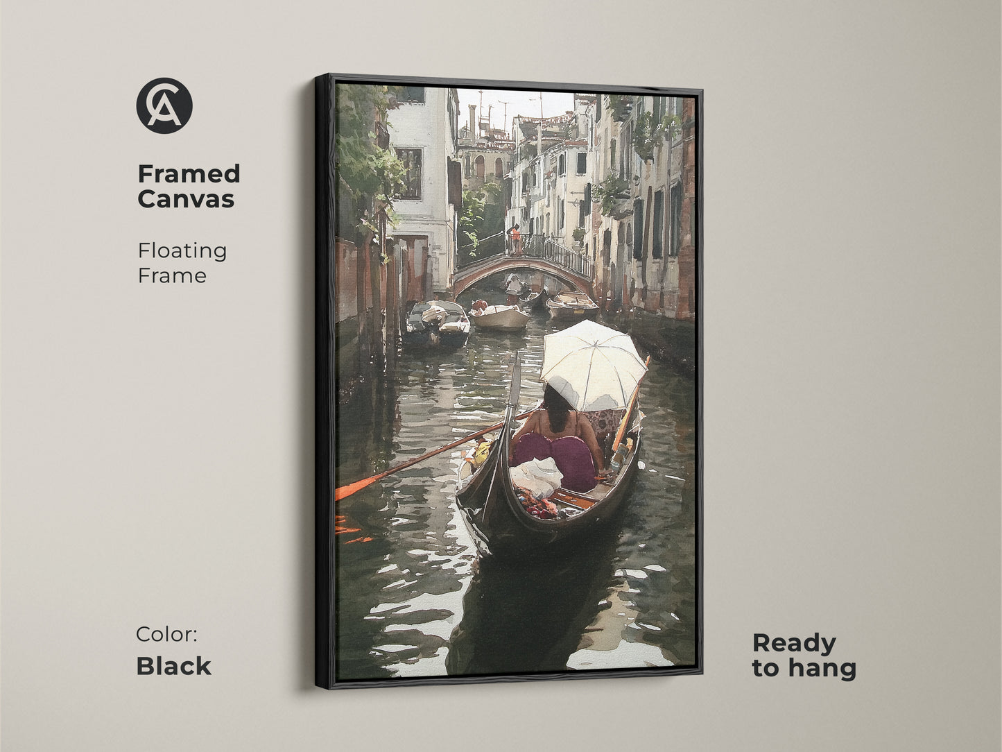 Framed canvas featuring a Venice gondola watercolor art print. This Italian cityscape wall art includes a floating black frame and is ready to hang. The teal and brown artwork showcases a romantic European canal scene perfect for residential decor.