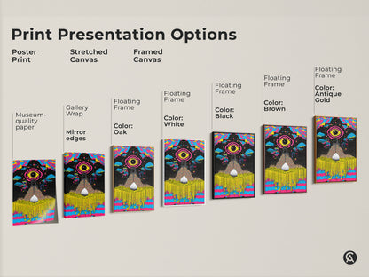 Explore print presentation options for the abstract cosmic eye artwork. Choose from poster prints stretched canvas or framed canvas in various colors. This psychedelic art suits eclectic decor tastes.