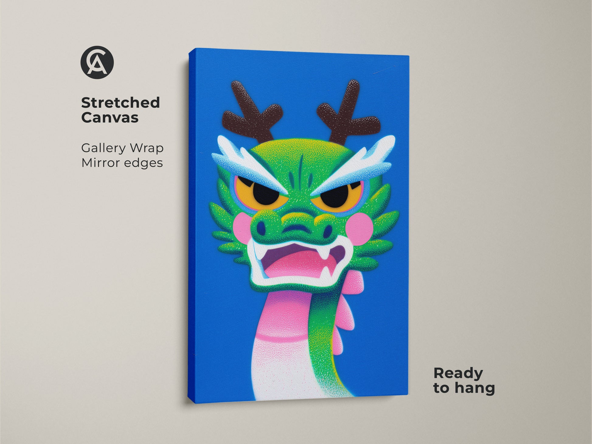 Stretched canvas art of a Cartoon Dragon is ready to hang. Gallery wrapped edges showcase the green pink and blue mythical creature print. Ideal fantasy art for kids rooms.